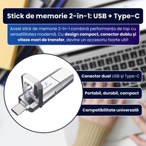 Stick de memorie 2 in 1 USB + Type-C, 256 GB, SpectrumPoint, interfata duala, pentru telefon/laptop/PC/tableta, design metalic minimalist, performanta in transferuri, capac protectie, compatibil universal, portabil si rezistent, argintiu - Img 2