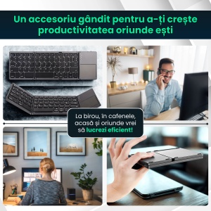 Tastatura pliabila universala cu touchpad integrat, Bluetooth 3.0, fara fir, ultra slim, compatibila cu Windows/Android/iOS/Smart TV, Negru - Img 7
