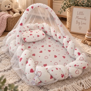 Baby nest impletit 60x80 cm cu baldachin si pernuta, model Inimioare pentru nou nascuti - Img 3