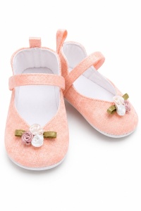 Balerini bebe roz piersica eleganti cu floricele decorative pentru fetite