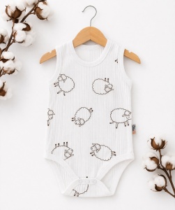 Body bebe alb bumbac ribat fara maneci cu oite body nou nascut vara confort - Img 2