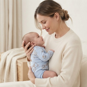 Body bebe bleu din bumbac cu ursuleti maro, maneca lunga si capse pe umeri - Img 2