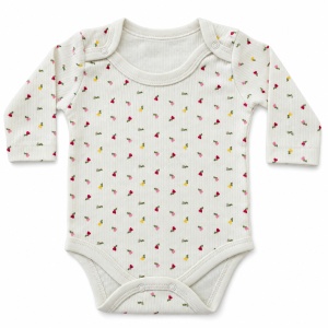 Body bebe din bumbac crem cu floricele colorate, maneca lunga si capse pe umeri - Img 2