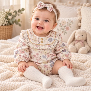 Body bebe fetita din muselina cu imprimeu floral, bentita cu funda si sosete