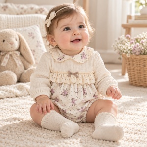 Body bebe fetita din muselina cu imprimeu floral, volan brodat si sosete