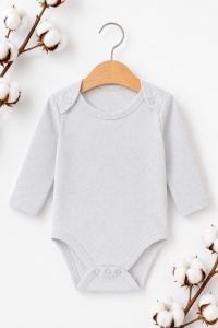Body bebelusi gri deschis din bumbac cu maneca lunga, body unisex cu capse