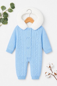 Combinezon bebe baiat bleu tricotat, imblanit integral, cu gluga si blanita premium - Img 3