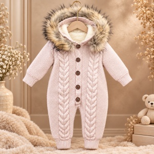 Combinezon bebe premium din lana naturala cu blanita naturala si gluga - Img 2