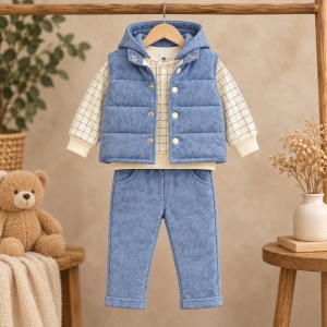 Compleu baiat 3 piese din bumbac cu vesta matlasata hanorac cu gluga si pantaloni, prezentare in decor