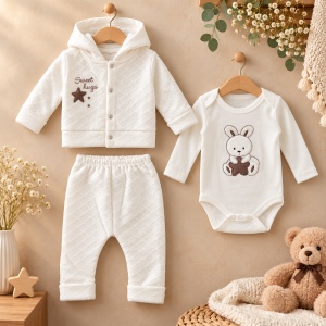 Compleu bebe baiat 3 piese, bumbac, body cu iepuras, pantaloni si jacheta cu gluga, alb - Img 2