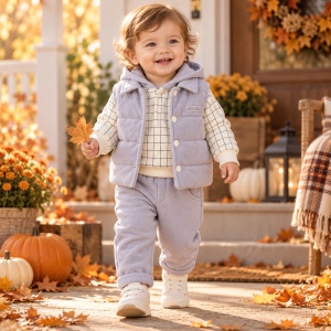 Compleu bebe baiat 3 piese bumbac cu hanorac vesta catifelata si pantaloni gri