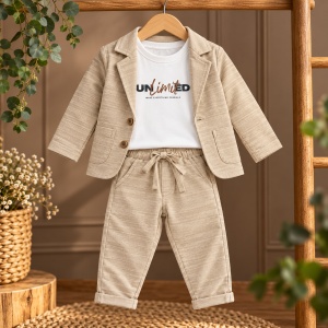 Compleu bebe baiat 3 piese din bumbac cu sacou si pantaloni bej - Img 3