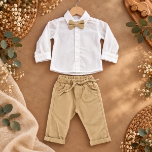 Compleu bebe baiat 4 piese, camasa, cardigan tricotat, pantaloni si papion, bej - Img 5