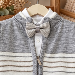 Compleu bebe baiat 4 piese, camasa, cardigan tricotat, pantaloni si papion, gri - Img 5