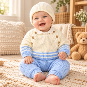 Compleu bebe baiat 4 piese, pulover si pantaloni din lana naturala, body si caciulita, bleu ivory