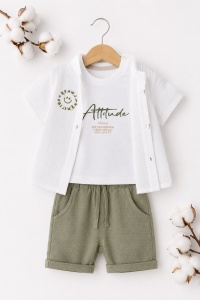 Compleu bebe baieti 3 piese cu camasa din muselina pantaloni verde salvie si tricou - Img 4