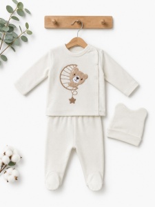 Compleu bebe crem din bumbac cu caciulita si imprimeu ursulet pentru nou-nascuti - Img 2