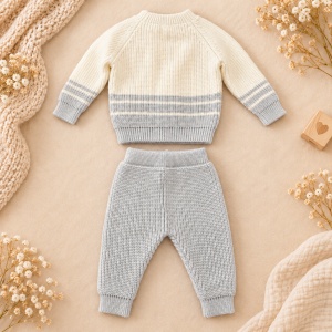 Compleu bebe din lana naturala cu pulover, pantaloni, body si caciulita, 4 piese crem gri - Img 3