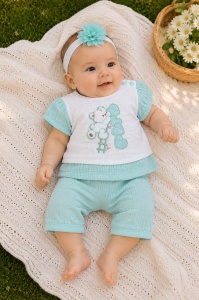 Compleu bebe din muselina verde menta cu ursulet love si bentita 3 piese