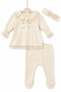 Compleu bebe fetita 3 piese crem cu dantela, pantaloni cu botosei si bentita - Img 6