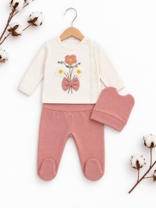 Compleu bebe fetita 3 piese din bumbac, bluza cu flori, pantaloni cu botosei si caciulita - Img 4