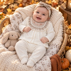Compleu bebe fetita 3 piese ivoire cu bluza brodata pantaloni cu botosei si bentita