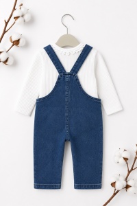 Compleu bebe fetita cu salopeta denim si bluza alba model iepuras - Img 5