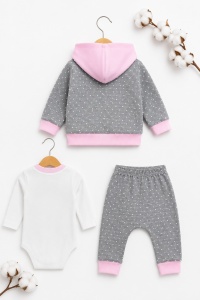 Compleu bebe fetite 3 piese cu hanorac roz gri body si pantaloni din bumbac - Img 5