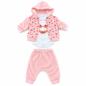 Compleu bebe fetite 3 piese din bumbac catifelat, body, hanorac cu pasarele si pantaloni roz - Img 6