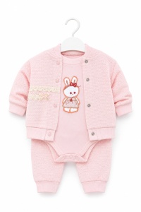 Compleu bebe fetite 3 piese roz cu hanorac body iepuras si pantaloni din bumbac - Img 6