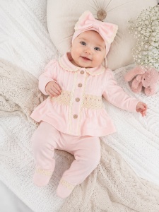 Compleu elegant bebe fetita roz pudrat cu bentita si dantela 3 piese