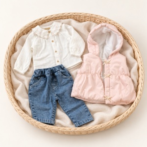 Compleu fetita 3 piese bluza bumbac blugi si vesta matlasata groasa roz, prezentare in decor