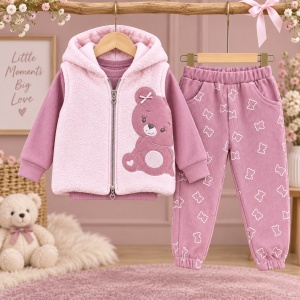 Compleu fetita 3 piese bumbac roz cu pantaloni tip colanti si vesta cu ursulet, prezentare in decor