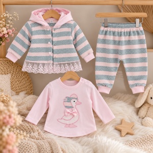 Compleu fetita 3 piese din bumbac cu bluza jacheta cu gluga si pantaloni roz gri - Img 2
