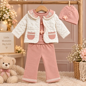 Compleu fetita 4 piese bumbac roz pudrat cu jacheta matlasata si caciulita, prezentare in decor