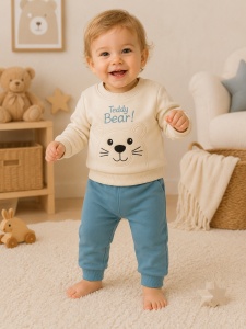 Costum bebe baiat 2 piese gri bleu din bumbac cu ursulet teddy bear si pantaloni comozi