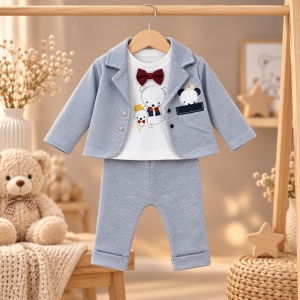 Costum bebe baiat 3 piese din bumbac, sacou, bluza cu maneca lunga si pantaloni, gri - Img 3
