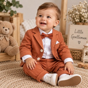 Costum bebe baiat caramiziu 3 piese cu sacou camasa si pantaloni pentru ceremonie