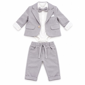 Costum bebe baiat gri perlat 3 piese cu sacou body camasa si pantaloni elegant, fotografie de produs pe fundal alb
