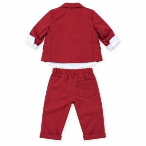 Costum bebe baiat rosu bordo 3 piese cu sacou camasa si pantaloni elegant, fotografie de produs pe fundal alb