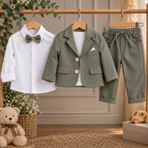 Costum bebe baiat verde kaki 3 piese cu sacou camasa si pantaloni elegant, prezentare in decor