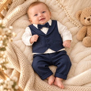 Costum elegant baieti 4 piese din bumbac, camasa alba, vesta si pantaloni bleumarin, papion