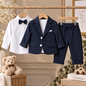 Costum elegant bebe baiat 3 piese bleumarin cu sacou camasa si pantaloni, prezentare in decor