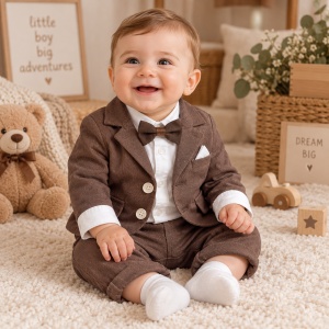 Costum elegant bebe baiat 3 piese maro ciocolatiu sacou pantaloni body papion