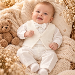 Costum elegant bebe baiat 4 piese din bumbac alb cu vesta si papion
