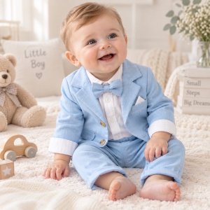 Costum elegant bebe baieti 3 piese bleu cu sacou, pantaloni si body cu papion