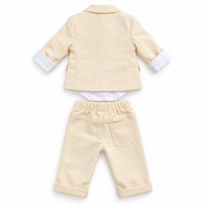Costum elegant bebe baieti 3 piese ivoire cu sacou, pantaloni si body cu papion, fotografie de produs pe fundal alb