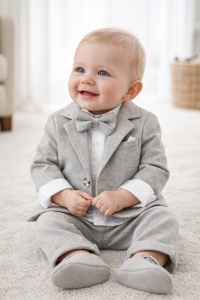 Costum elegant bebe gri 4 piese sacou pantaloni camasa papion botez