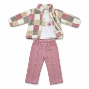 Compleu fetita cu jacheta in carouri, bluza crem si pantaloni roz pudrat, fotografie de produs pe fundal alb