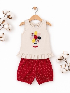 Costumas bebe fetita 2 piese bumbac top cu floare si pantaloni scurti rosii - Img 2